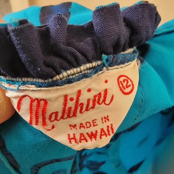 Vintage Blue Hawaiian Mid Century Seahorse Print Maxi Dress Ruffle Medium - Picture 11 of 11